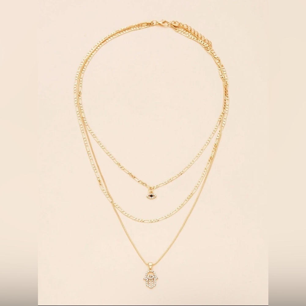 Gold 1pc Layered Hamsa and Evil Eye Necklace - Picture 3 of 3